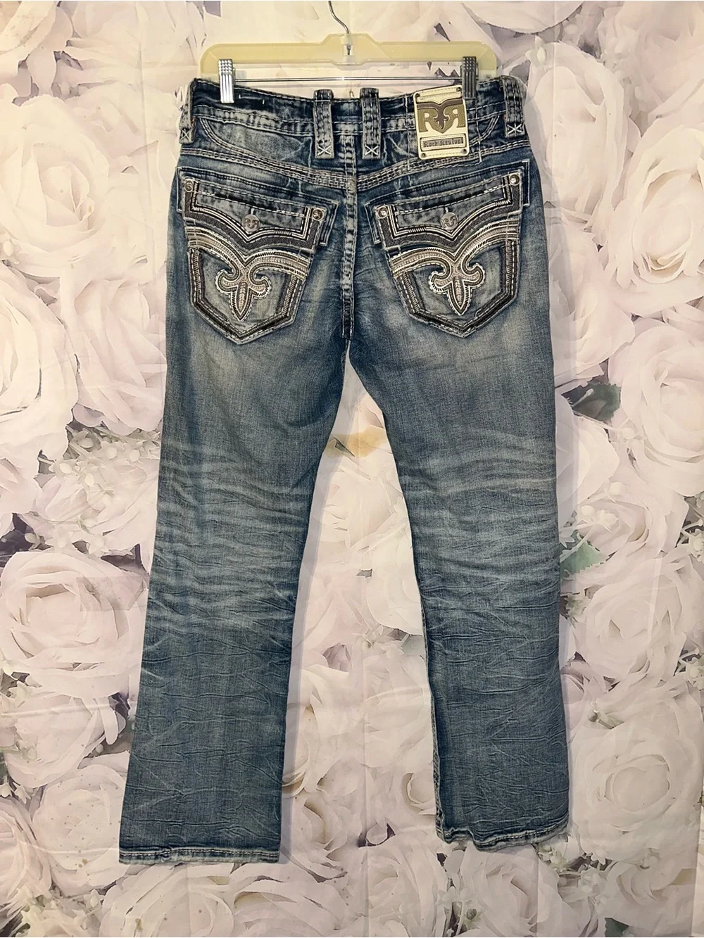Rock Revival Men's Tanner Jeans Bootcut Slim Fit Blue Denim  Embroidered Size 29